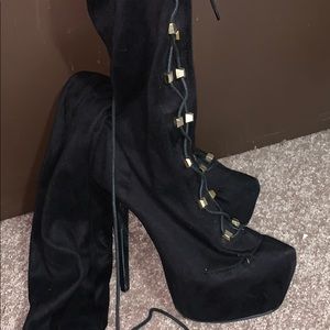 Black suede thigh high boots